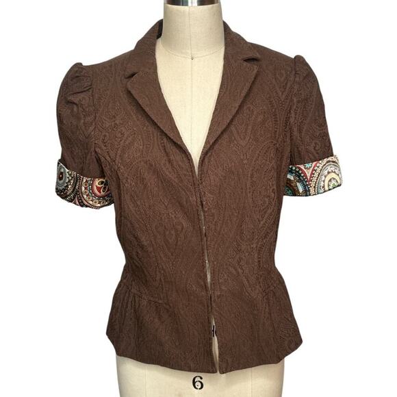 VTG Cache Brown Jacquard Short Sleeve Peplum Career Casual Jacket Size 12 - Picture 1 of 8